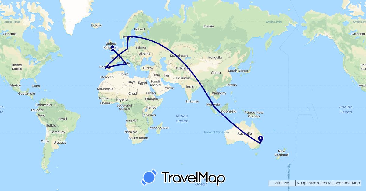 TravelMap itinerary: driving in Australia, Germany, United Kingdom, Italy, Portugal, Sweden, Singapore (Asia, Europe, Oceania)